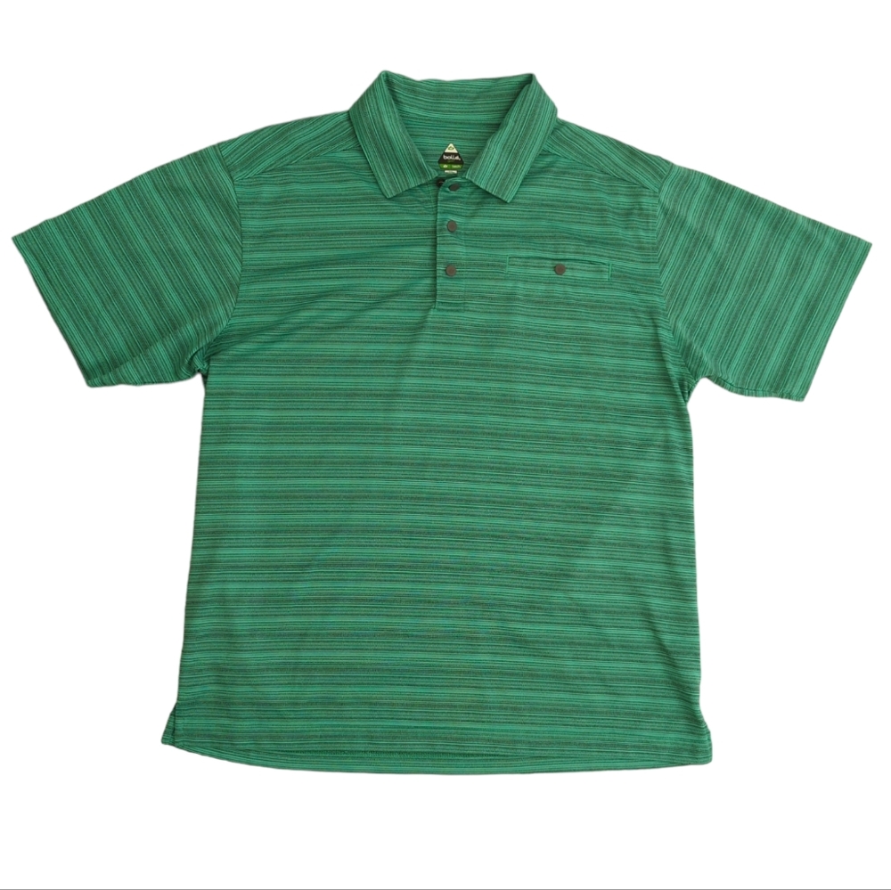 Bolle golf polo shirt, short sleeves, snaps, stripes, men's size medium